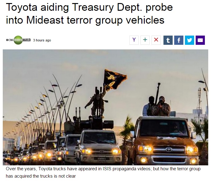 미국 정부의 이슬람국가(IS) 도요타 차량 입수 경로 조사를 보도하는 CBS 뉴스 갈무리.