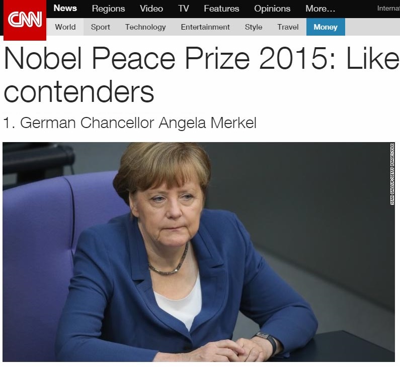 2015년 노벨평화상 후보자를 소개하는 CNN 뉴스 갈무리.