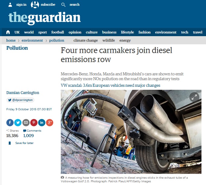 벤츠·혼다·마쓰다·미쓰비시 디젤 차량의 실제 배출가스 검사 결과를 보도하는 <가디언> 갈무리.