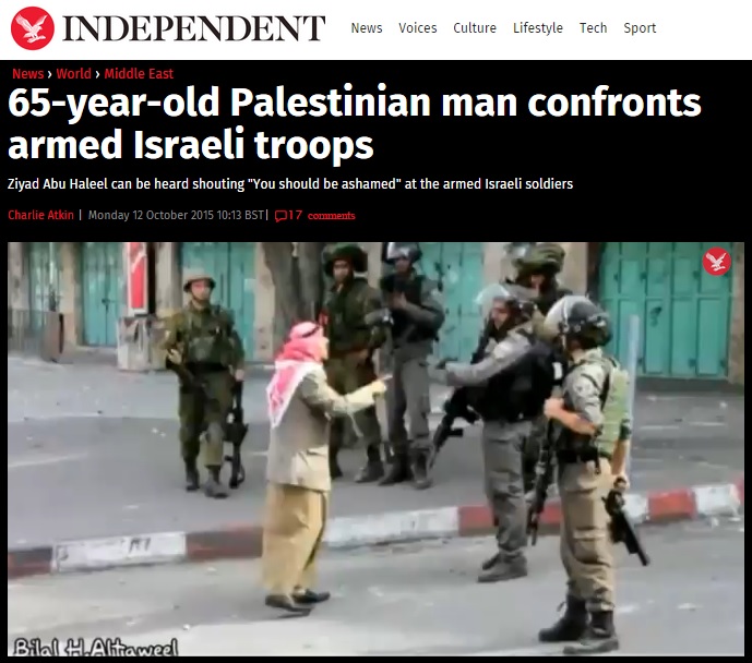 이스라엘 군인들의 총구를 막아서는 호통치는 팔레스타인 노인의 영상을 소개하는 영국 <인디펜던트> 갈무리.