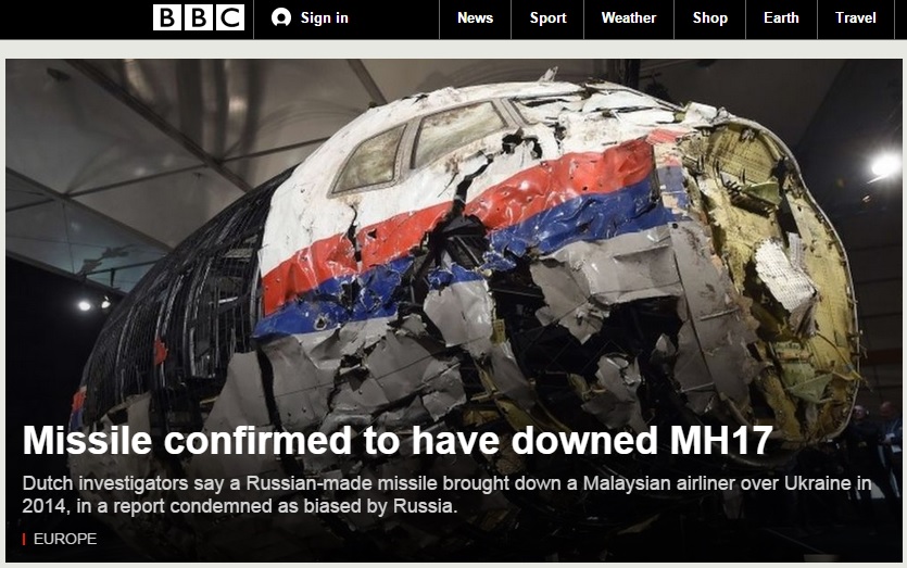 지난해 7월 우크라이나 동부 상공에서 피격된 말레이시아항공 여객기 진상 조사를 보도하는 BBC 뉴스 갈무리.