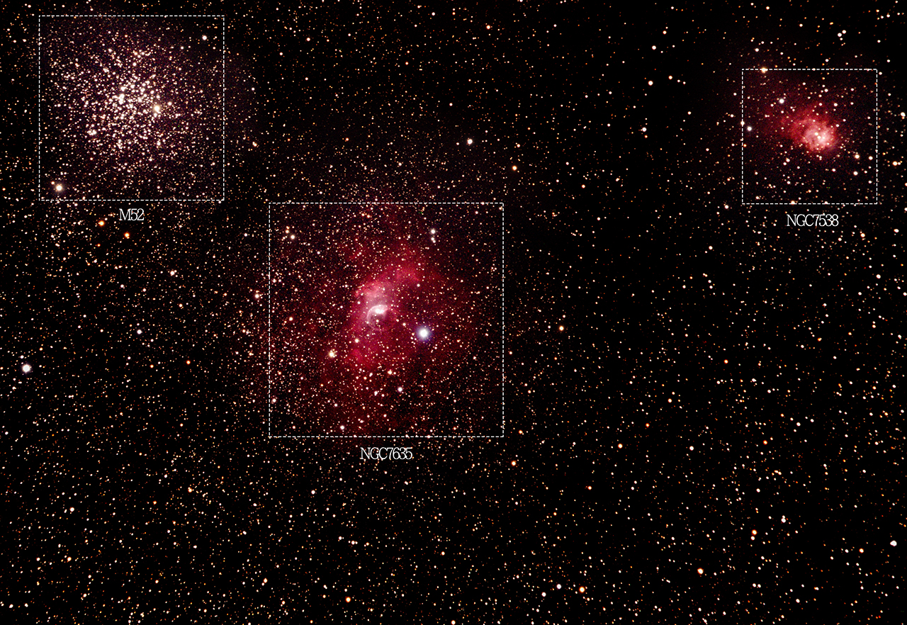 왼쪽부터 M52(구상성단), NGC 7635(버블성운), NGC 7538. LRGB합성을 통해 얻은 이미지다.