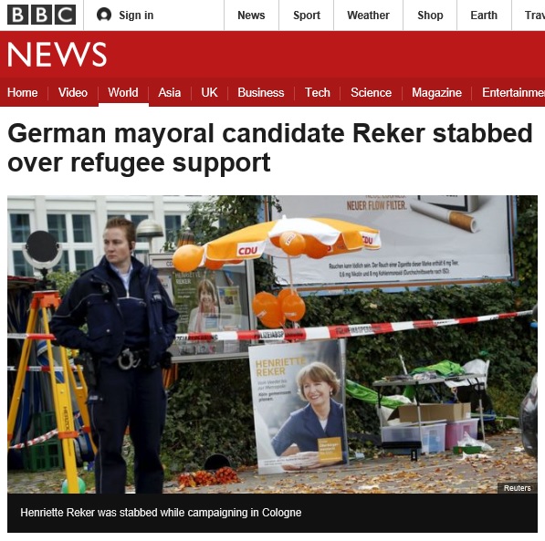 독일 쾰른의 시장 선거 유세에서 발생한 흉기 테러를 보도하는 BBC 뉴스 갈무리.