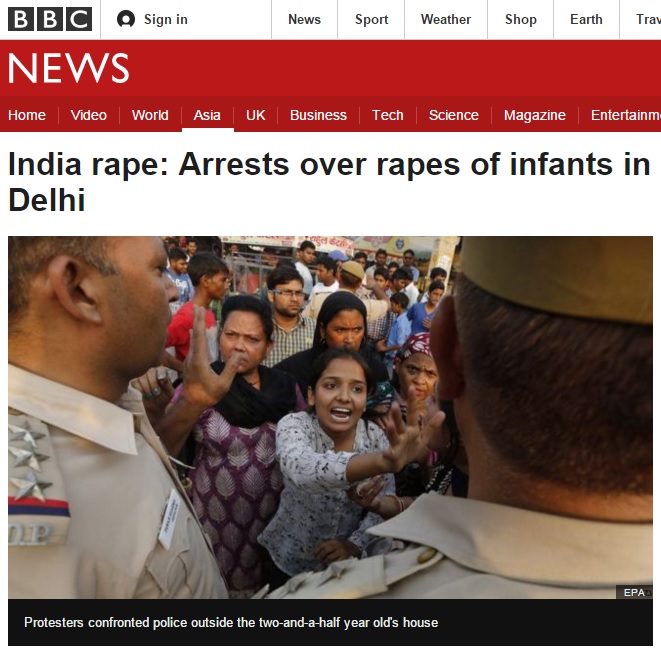 인도에서 발생한 2세 여아의 성폭행 사건을 보도하는 BBC 뉴스 갈무리.