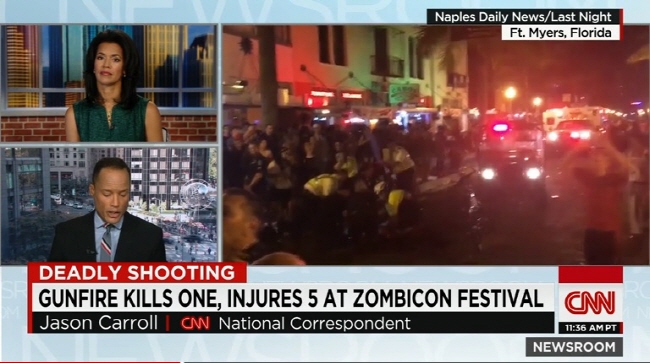 미국 좀비콘(ZombiCon) 축제장에서 총기 난사 사건이 벌어져 1명이 숨지고 4명이 부상당했다고 보도하는 CNN보도화면 갈무리.