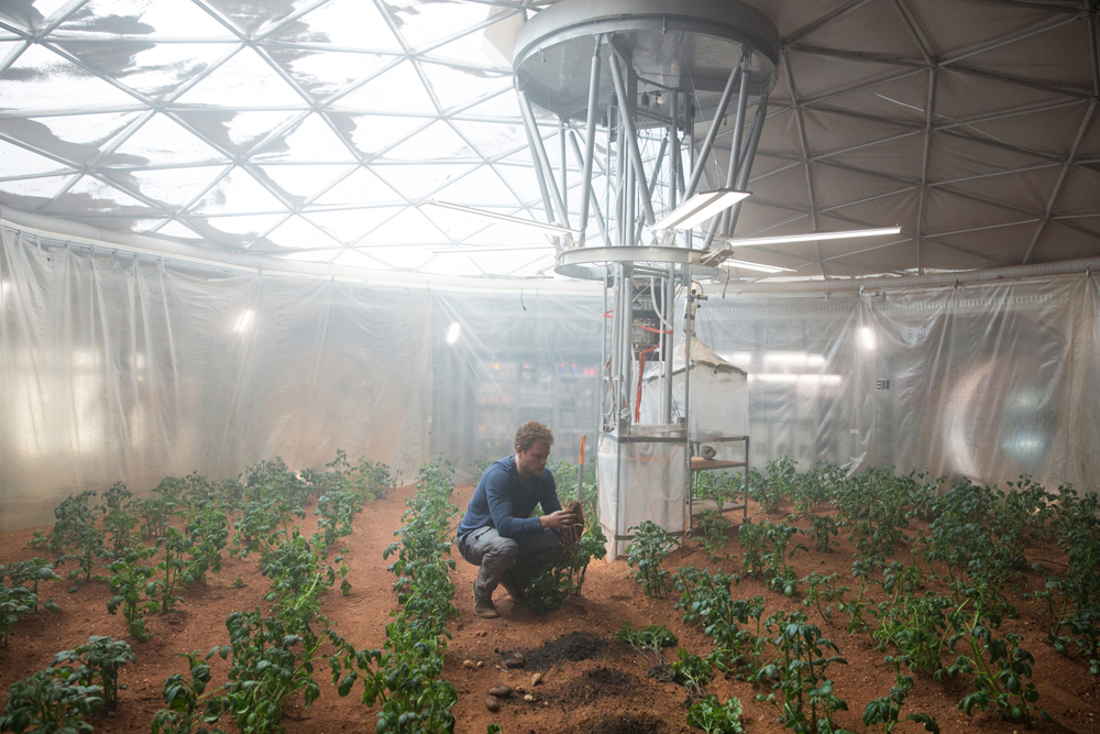 <마션>의 주인공인 마크 와트니는 화성의 기지 안에서 감자 재배에 성공한다. 