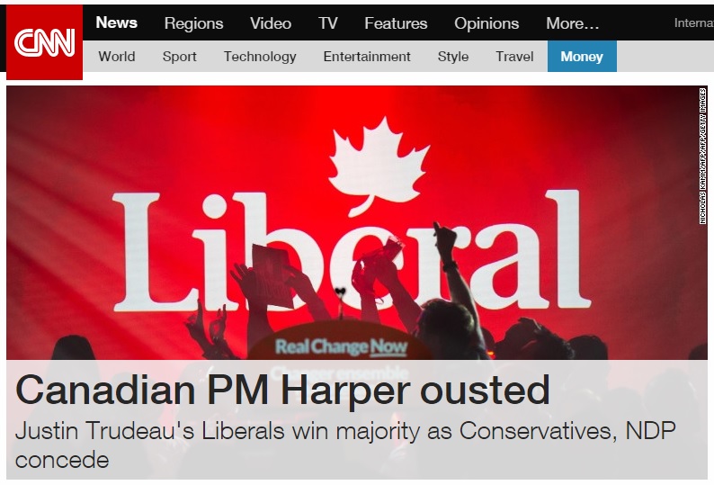 캐나다 총선의 자유당 승리를 보도하는 CNN 뉴스 갈무리.