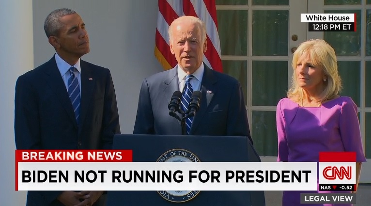 조 바이든 부통령의 대선 불출마 선언 기자회견을 보도하는 CNN 뉴스 갈무리.