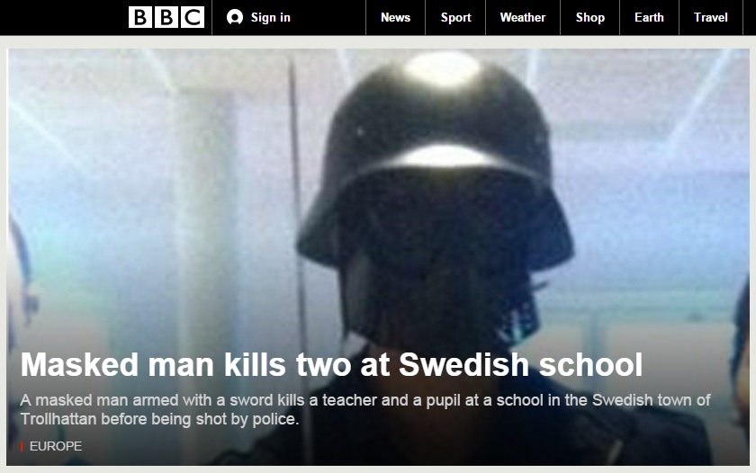 스웨덴 남부의 한 학교에서 발생한 복면 괴한의 흉기 난동 사건을 보도하는 BBC 뉴스 갈무리.
