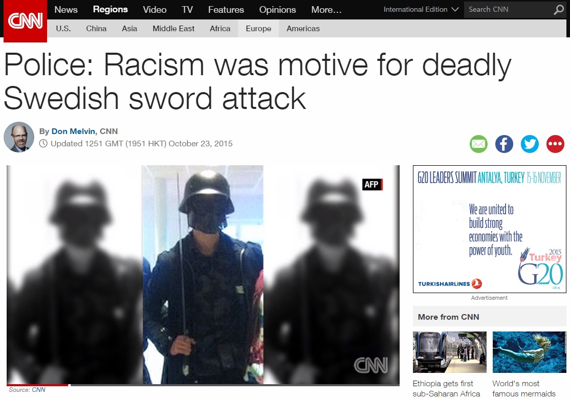 스웨덴에서 발생한 복면 괴한의 흉기 난동 동기를 보도하는 CNN 뉴스 갈무리.
