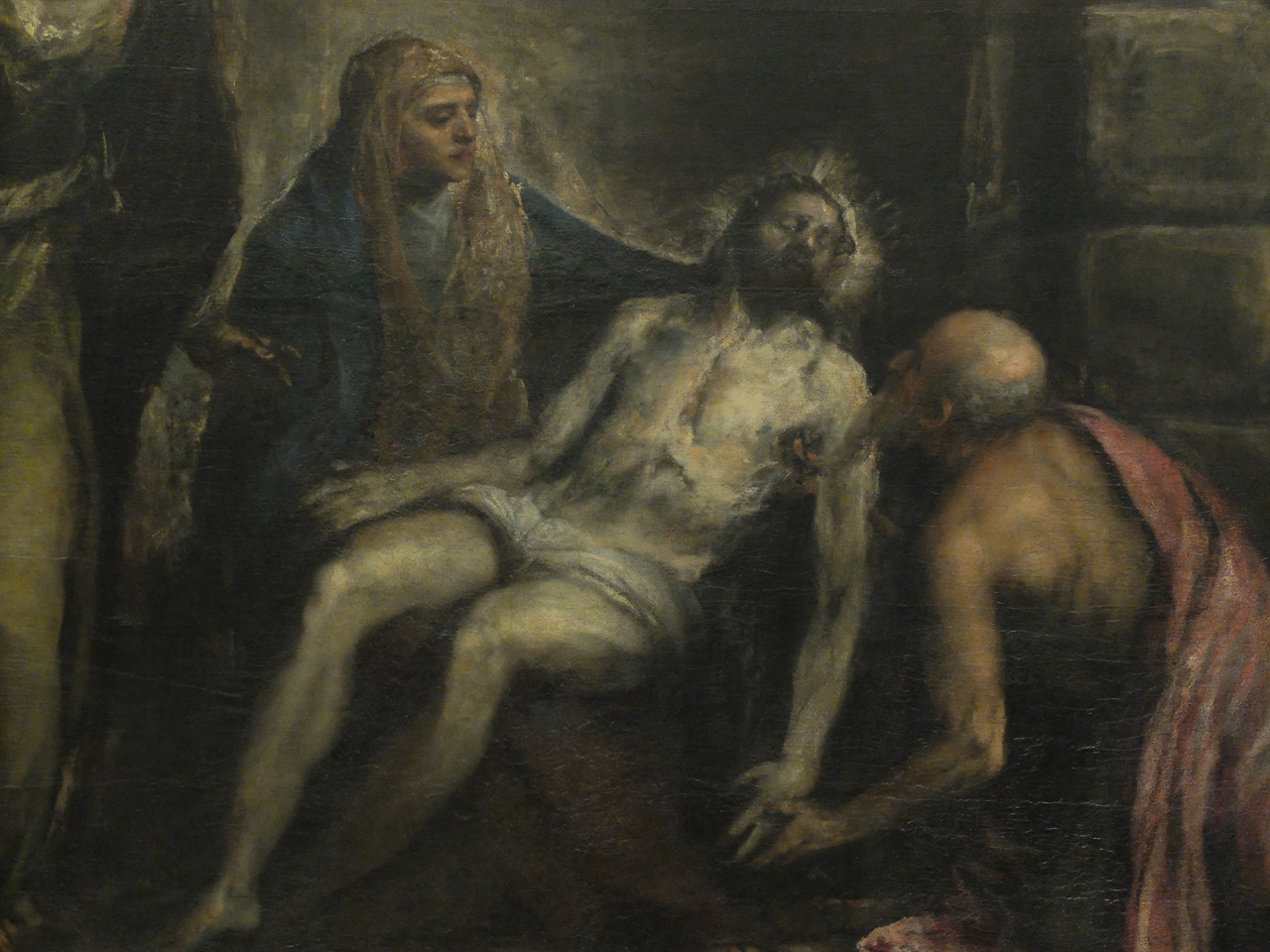 티치아노, '피에타'(부분), 베네치아 아카데미아 미술관. 티치아노는 죽어가는 예수를 바라보는 늙은 니고데모의 모습으로 자신을 그려 넣었습니다.