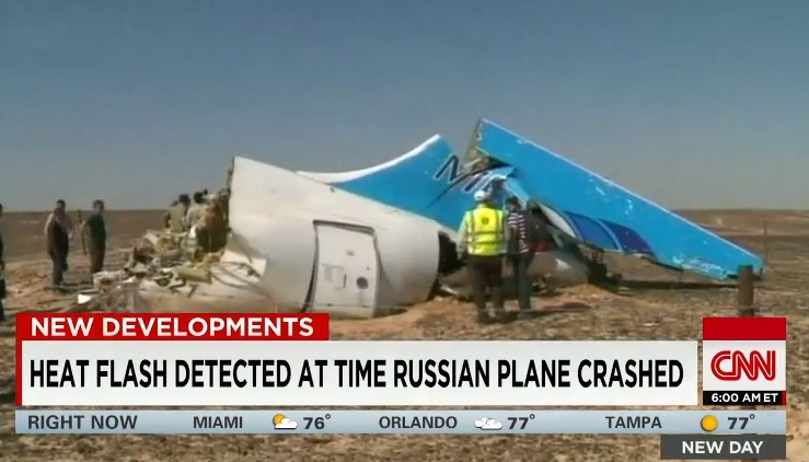 미국 위성의 러시아 여객기 사고 원인 조사를 보도하는 CNN 뉴스 갈무리.