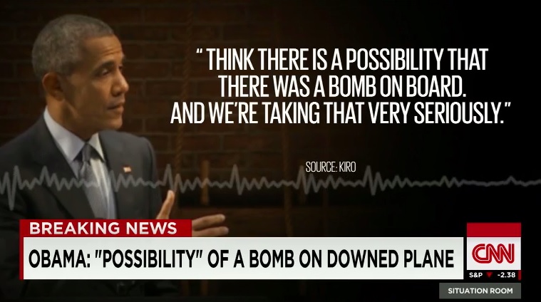 러시아 여객기 추락 사고의 테러 가능성을 주장하는 버락 오바마 미국 대통령의 인터뷰를 보도하는 CNN 뉴스 갈무리.