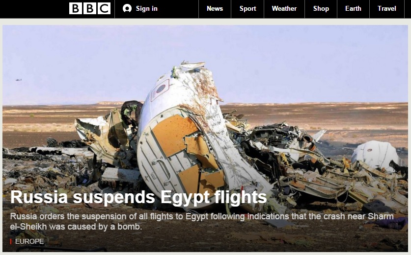 러시아 항공사의 이집트 운항 중단을 보도하는 BBC 뉴스 갈무리. 