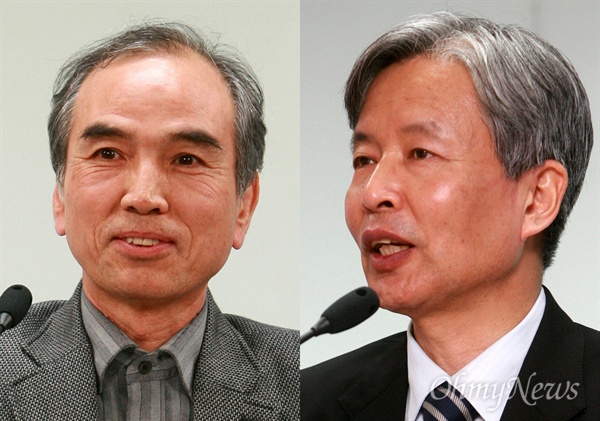 국내 토지자유운동 개척자인 김윤상 경북대 석좌교수(오른쪽)와 이정우 경북대 명예교수 