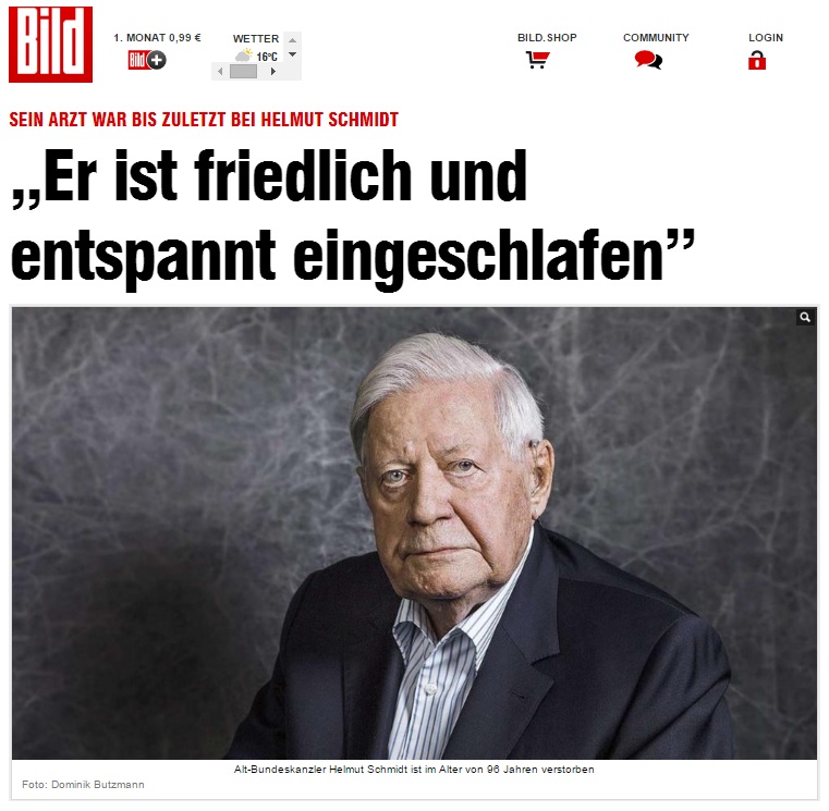헬무트 슈미트 전 독일 총리의 타계를 보도하는 독일 일간지 <빌트> 갈무리.
