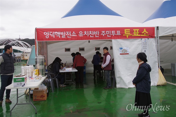경북 영덕군 영덕읍 오일시장에 마련된 투표소에서 주민들이 원전유치 찬반에 대한 투표를 하고 있다. 