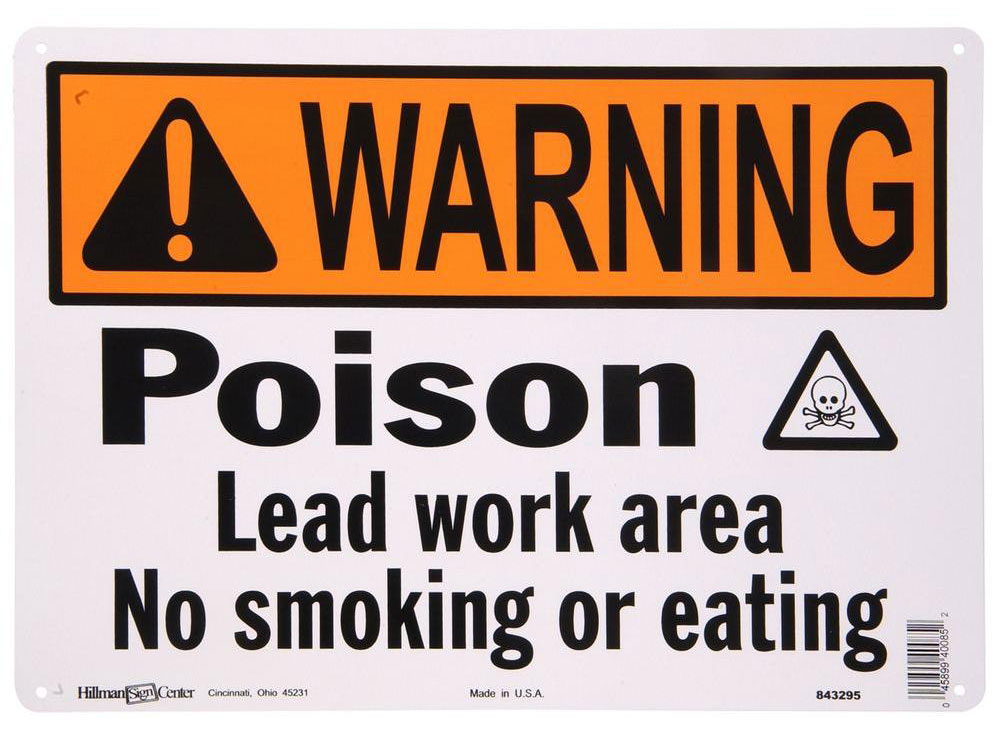 미국에서 사용되는 납 작업장 경고 표지 "중독될 수 있으므로 흡연이나 음식물 섭취 금지"