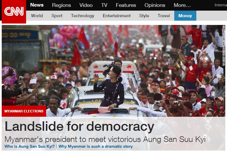 미얀마 군부의 평화적인 정권 이양 공언을 보도하는 CNN 뉴스 갈무리.