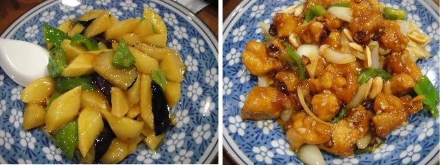 일본에 있는 중국 식당에서 먹는 감자와 가지 볶음(왼쪽 사진)과 닭고기입니다. 원래 중국에서는 닭고기를 피스타치오와 섞어서 볶는데 이곳에서는 땅콩과 섞어서 볶았습니다.