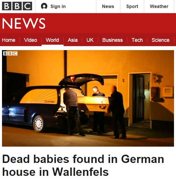 독일의 한 시골 아파트에서 유아 시신 7구가 발견된 사건을 보도하는 BBC 뉴스 갈무리. 