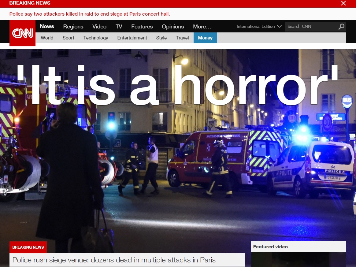 프랑스 파리에서 발생한 연쇄 테러를 보도하는 CNN 뉴스 갈무리.