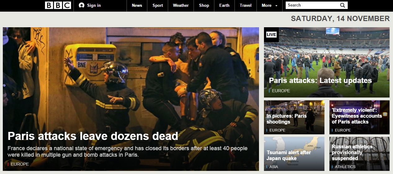 프랑스 파리에서 발생한 연쇄 테러를 보도하는 BBC 뉴스 갈무리.