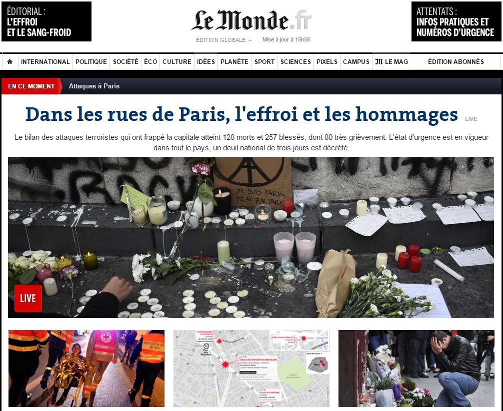 프랑스 파리에서 발생한 연쇄 테러를 보도하는 <르몽드> 온라인판 갈무리.