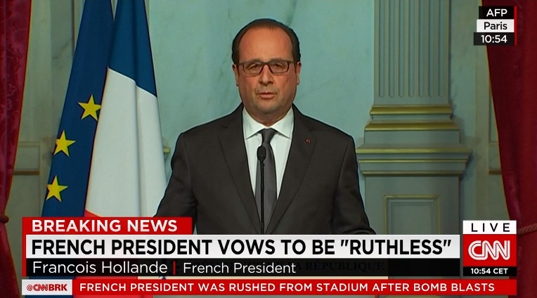 프랑수아 올랑드 프랑스 대통령의 파리 테러 관련 기자회견 갈무리.