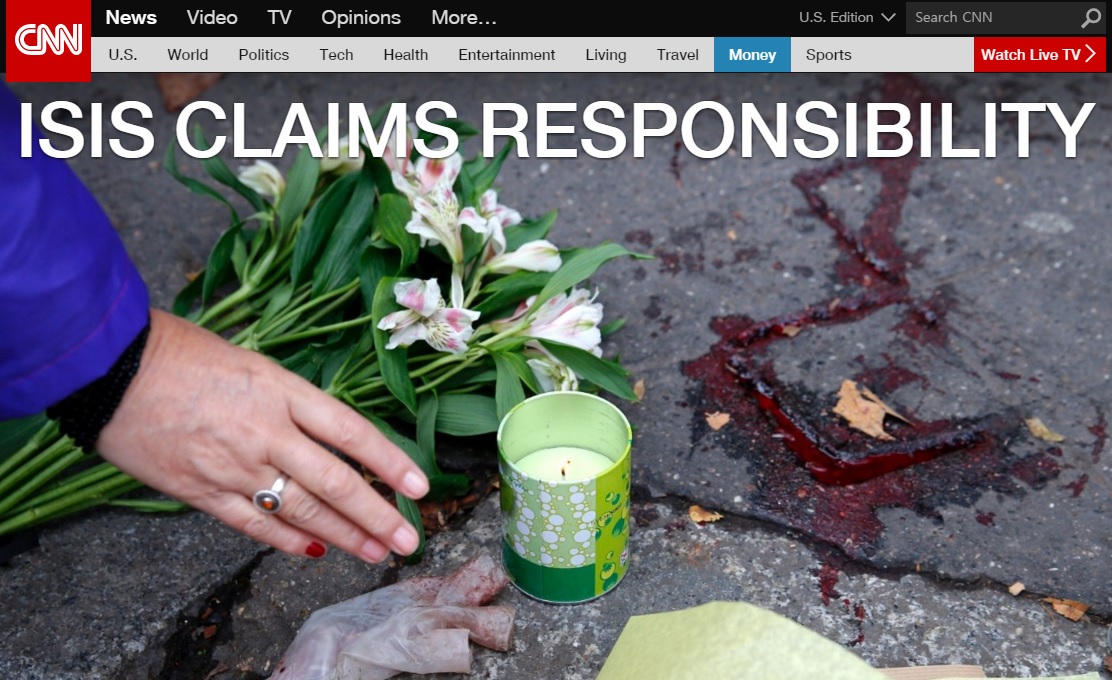 프랑스 파리에서 발생한 연쇄 테러를 보도하는 CNN 뉴스 갈무리.