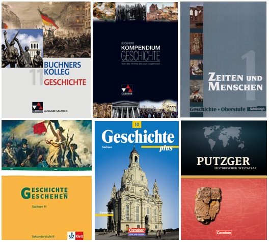 독일 작센주에서 사용되는 다양한 역사교과서. 2015년 작센주에서는 총 4개 출판사에서 나온 44권의 역사교과서가 검정에 통과됐다. 