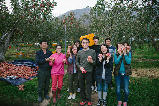 일손을 도운 대가로 사과를 선물받은 학생들이 사과를 한두 개씩 들고 부부(왼쪽)와 함께 섰다. 제초제를 뿌리지 않으려고 사과밭에는 토끼풀을 심었는데 콩과식물은 질소를 고정해 토질을 비옥하게 만든다.