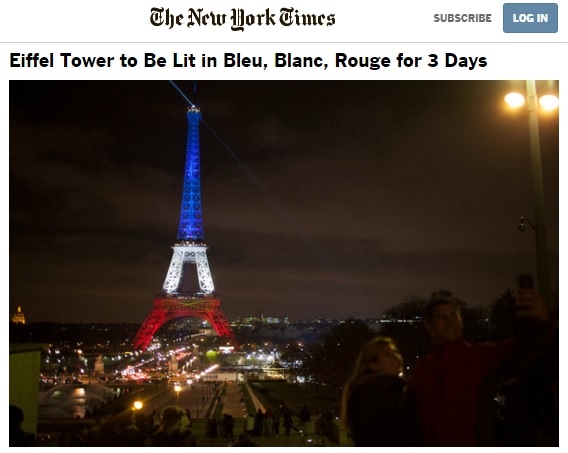 재개장한 에펠탑이 해가 지자 희생자에 대한 추모의 의미로 프랑스 국기를 상징하는 3색 조명을 밝혔단 소식을 전한 뉴욕타임스 갈무리