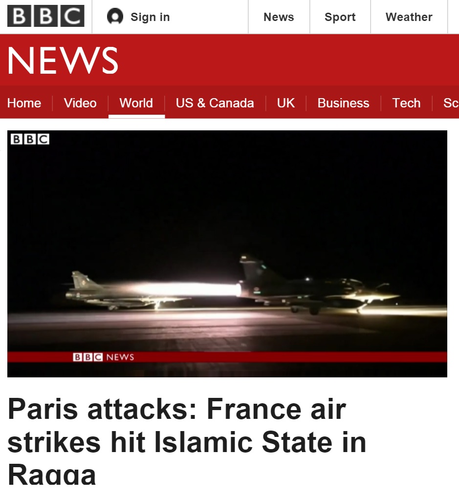 프랑스의 시리아 락까 공습을 보도하는 BBC 뉴스 갈무리.