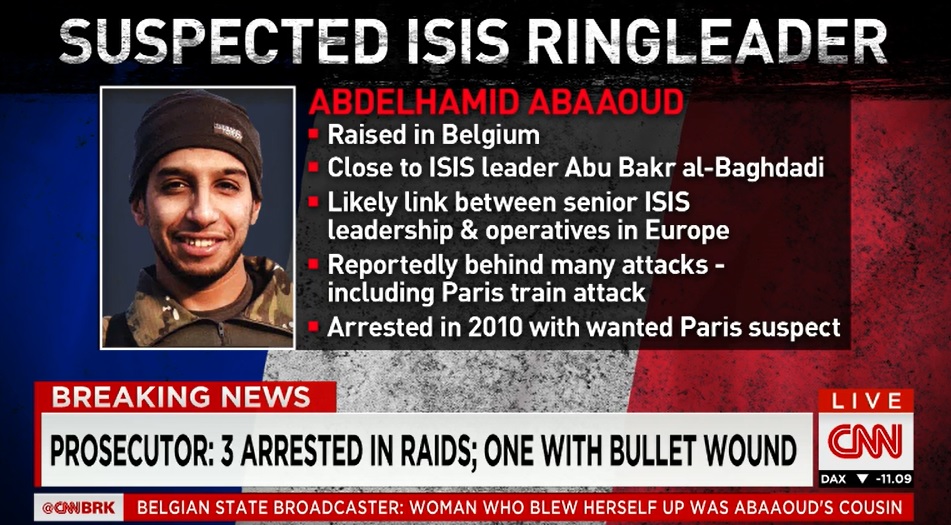 파리 테러의 '총책임자'로 지목되 압델하미드 아바우드에 대해 보도하는 CNN 뉴스 갈무리.
