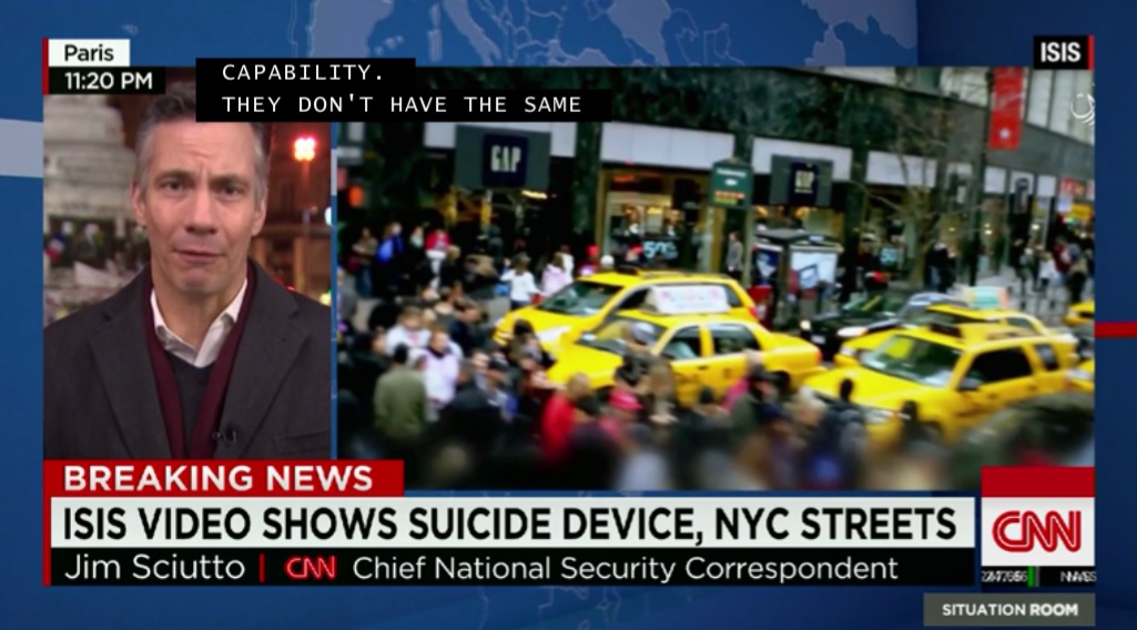 '이슬람국가'(IS)의 미국 뉴욕 테러 경고를 보도하는 CNN 뉴스 갈무리.