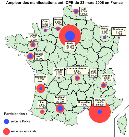 2006년 프랑스 '최초노동계약'(CPE) 반대 운동 당시, 전국 각지에서 산발적으로 일어난 집회.