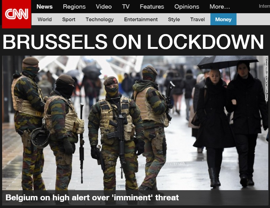 벨기에 수도 브뤼셀의 테러 경보 발동을 보도하는 CNN 뉴스 갈무리.