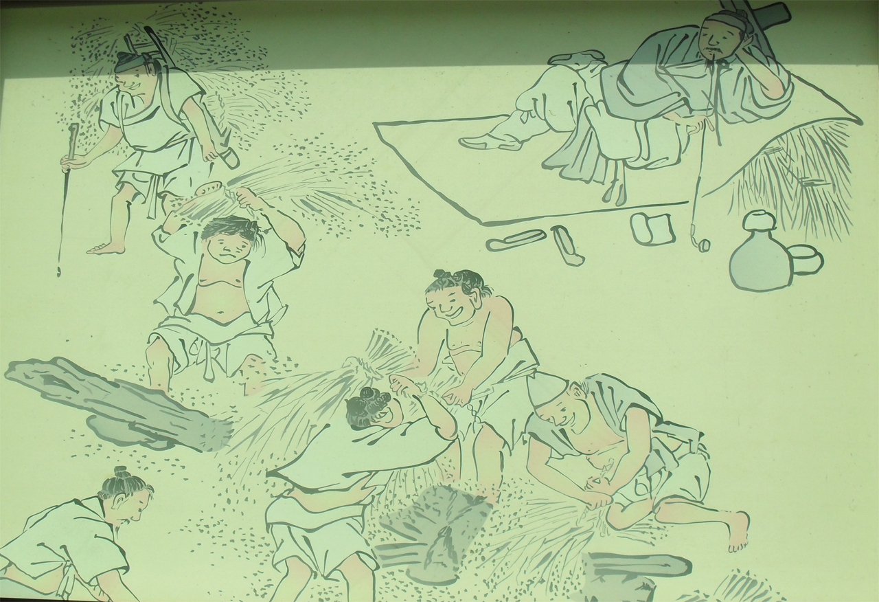 신윤복의 <타작>에 나타난 농업 노동자들. 18세기 풍경을 담은 이 그림에 나오는 노동자들 중에는 노비인 사람도 있고 머슴인 사람도 있었을 것이다. 이 사진은 서울 시내의 어느 공공시설에서 찍었다. 
