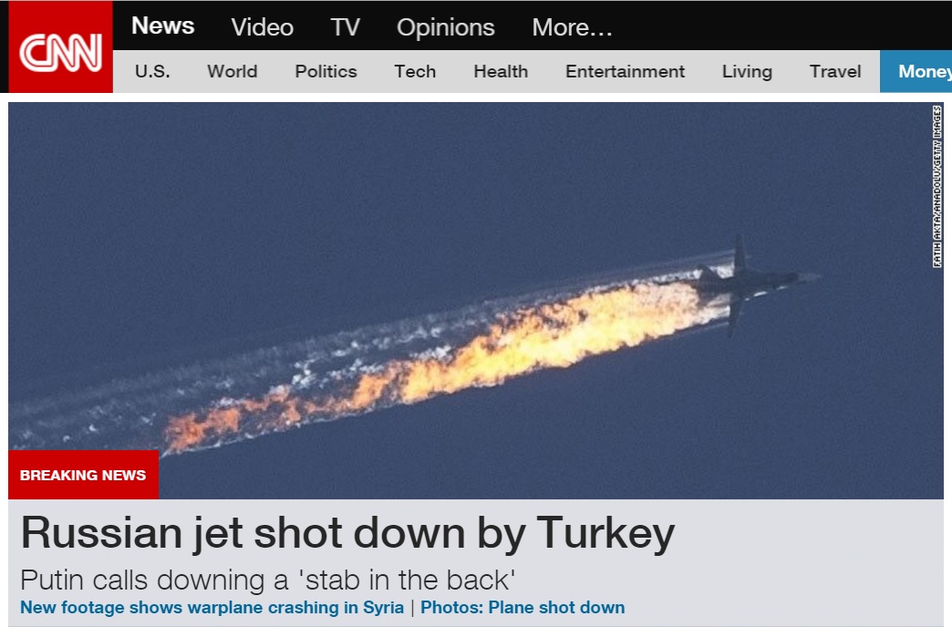 터키 공군의 러시아 전투기 격추를 보도하는 CNN 뉴스 갈무리.