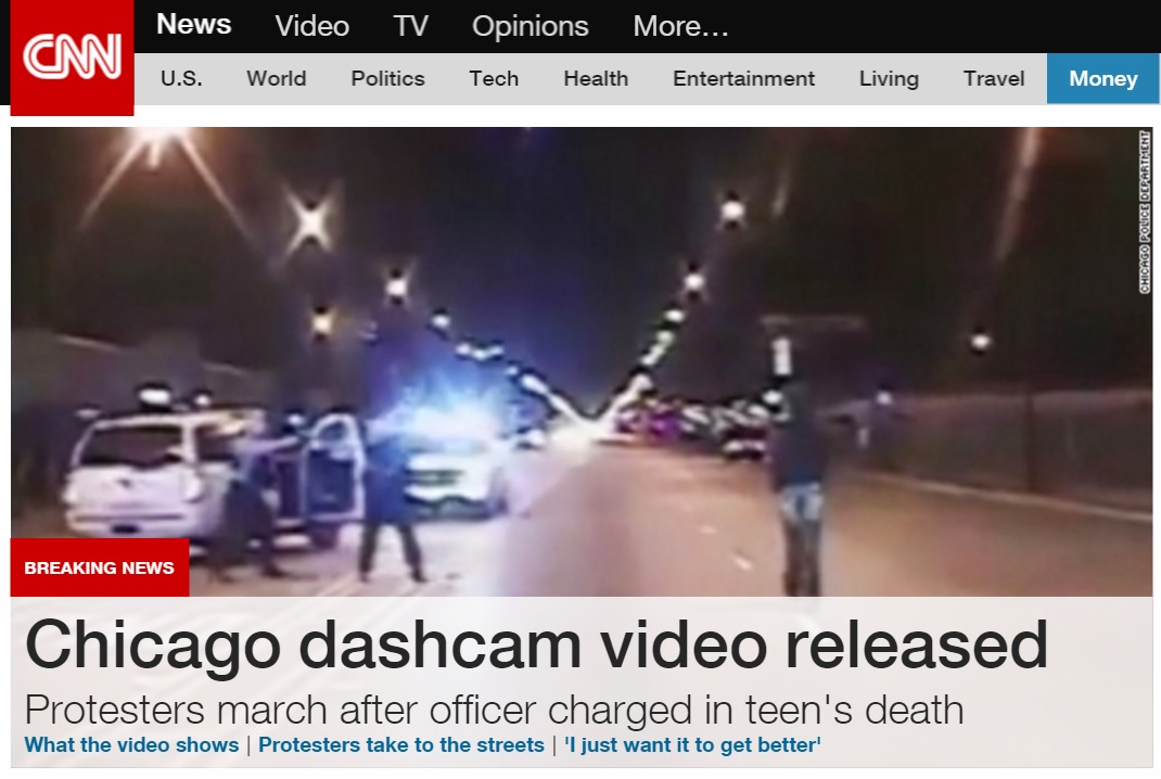 미국 시카고 백인 경관의 흑인 청년 총격 영상 공개를 보도하는 CNN 뉴스 갈무리.