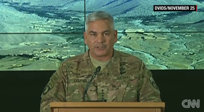 존 캠벨 아프간 주둔 미군 사령관의 기자회견을 보도하는 CNN 뉴스 갈무리.