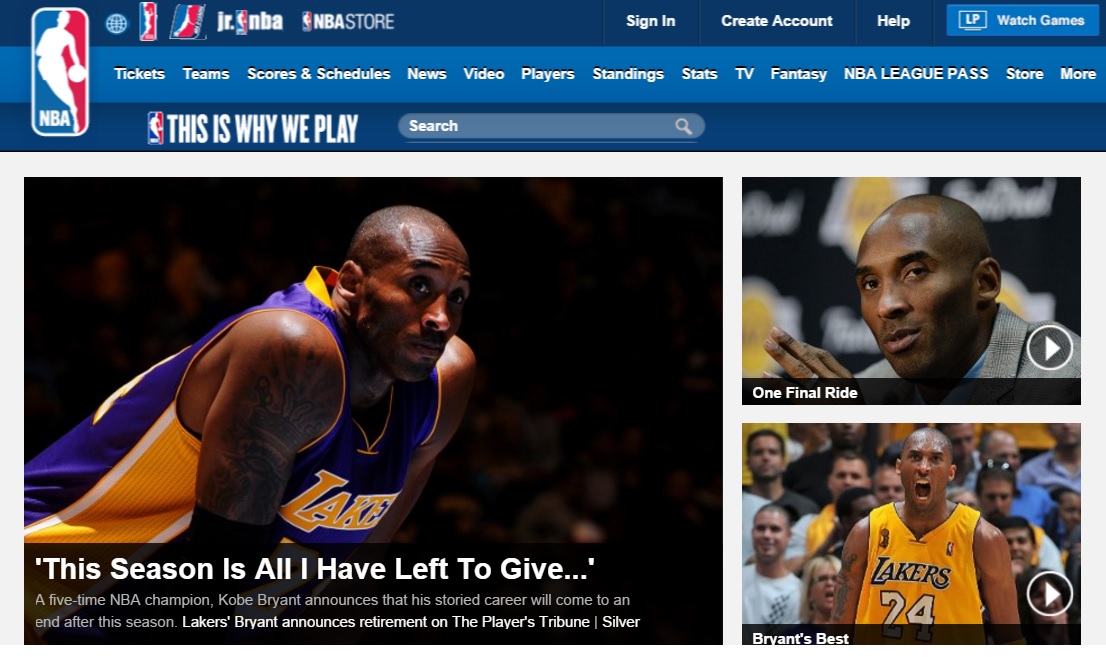  코비 브라이언트의 은퇴 선언을 전하는 NBA 공식 홈페이지 갈무리.