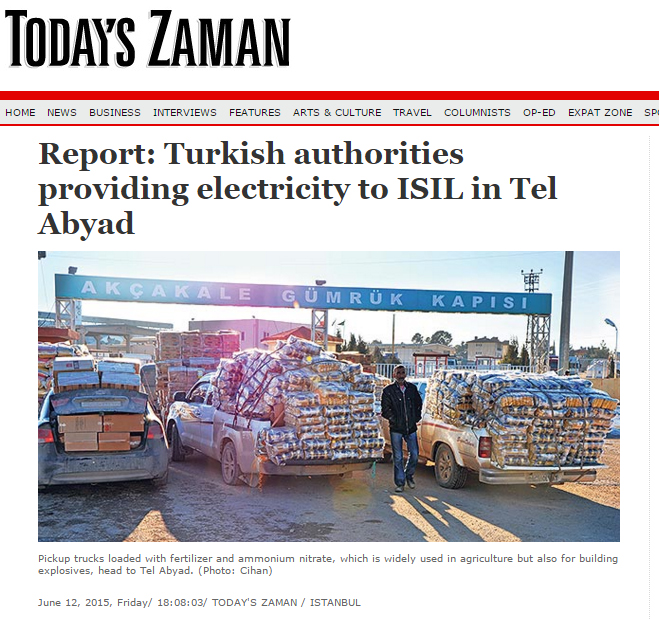 '터키 정부당국이 텔 아비아드의 ISIL에 전력을 공급했다'고 보도한 투데이스자만의 6월 보도.
