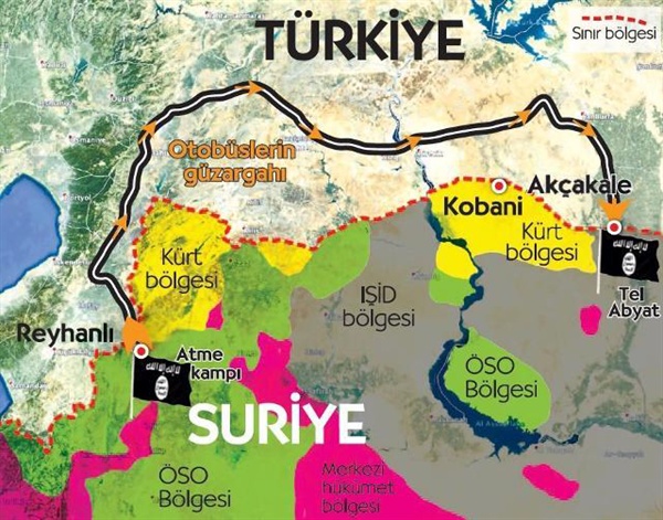 지난 2014년 터키 정보부가 IS 전사들을 아트메기지에서 텔아비아드로 수송했다는 우회 노선도.