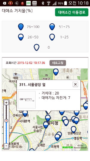  서울시 공공자전거 '따릉이' 앱. 대여소에 직접 가지 않고도 대여가 가능한 자전거 대수를 확인할 수 있다.