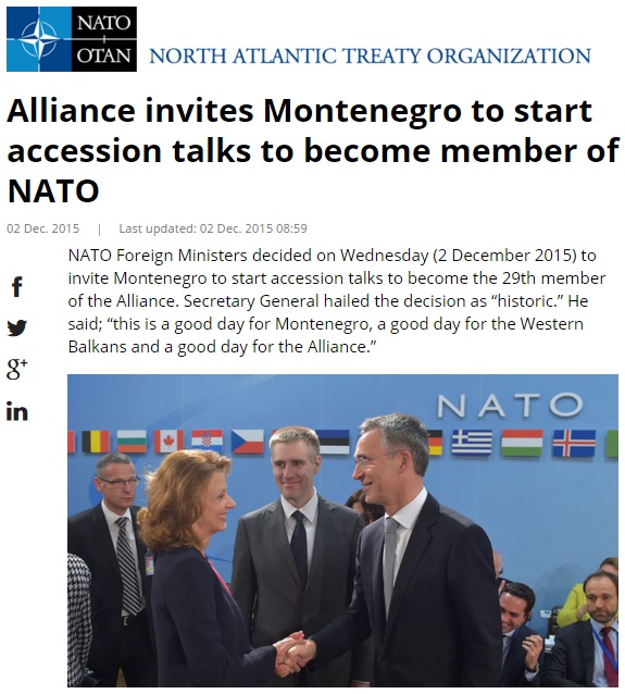 몬테네그로 가입 초청을 발표하는 북대서양조약기구(나토) 공식 홈페이지 갈무리.