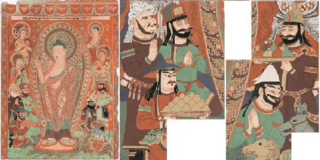            베제클리크 벽화 가운데 서원도 그림(왼쪽)과 아래쪽에 그려진 공양하는 사람들 모습을 확대해보았습니다. 흰모자를 쓴 소그드인과 그 때 위그르와 교류하던 여러 민족들 모습입니다. 