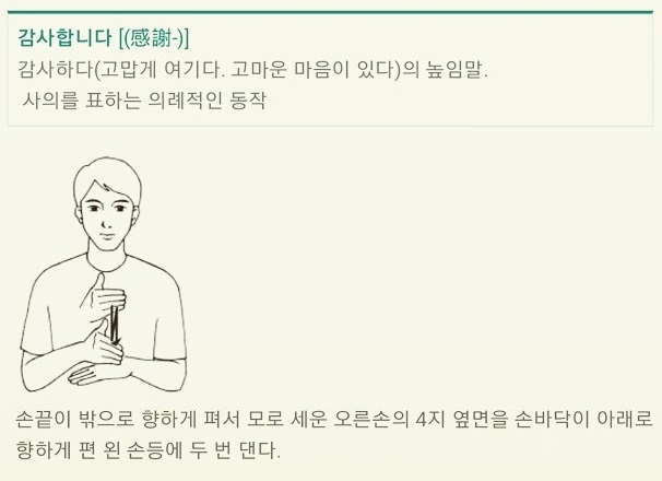 국립국어원은 인터넷을 통해 '한국수어사전'을 운영하고 있다. 한국수어사전의 '감사합니다' 검색 결과 화면 갈무리.