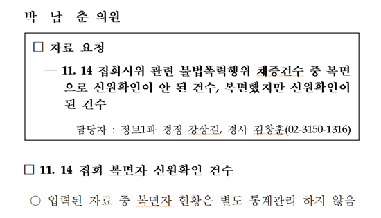 경찰청이 박남춘 의원에게 제출한 답변자료.